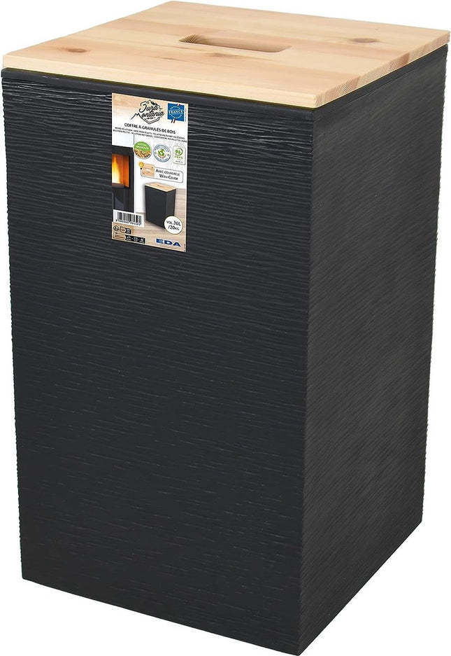 Kunstof Pelletbox met houten deksel voor 20 kg pellets - 36 Liter - Zwart