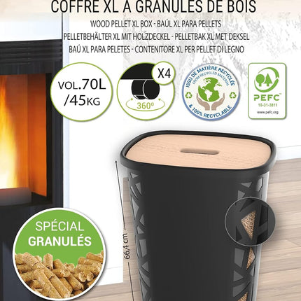 Houtpellets Pelletbox XL Met Deksel - 70 Liter - voor 45 KG Pellets- 66,4 Cm Hoog - Kunststof